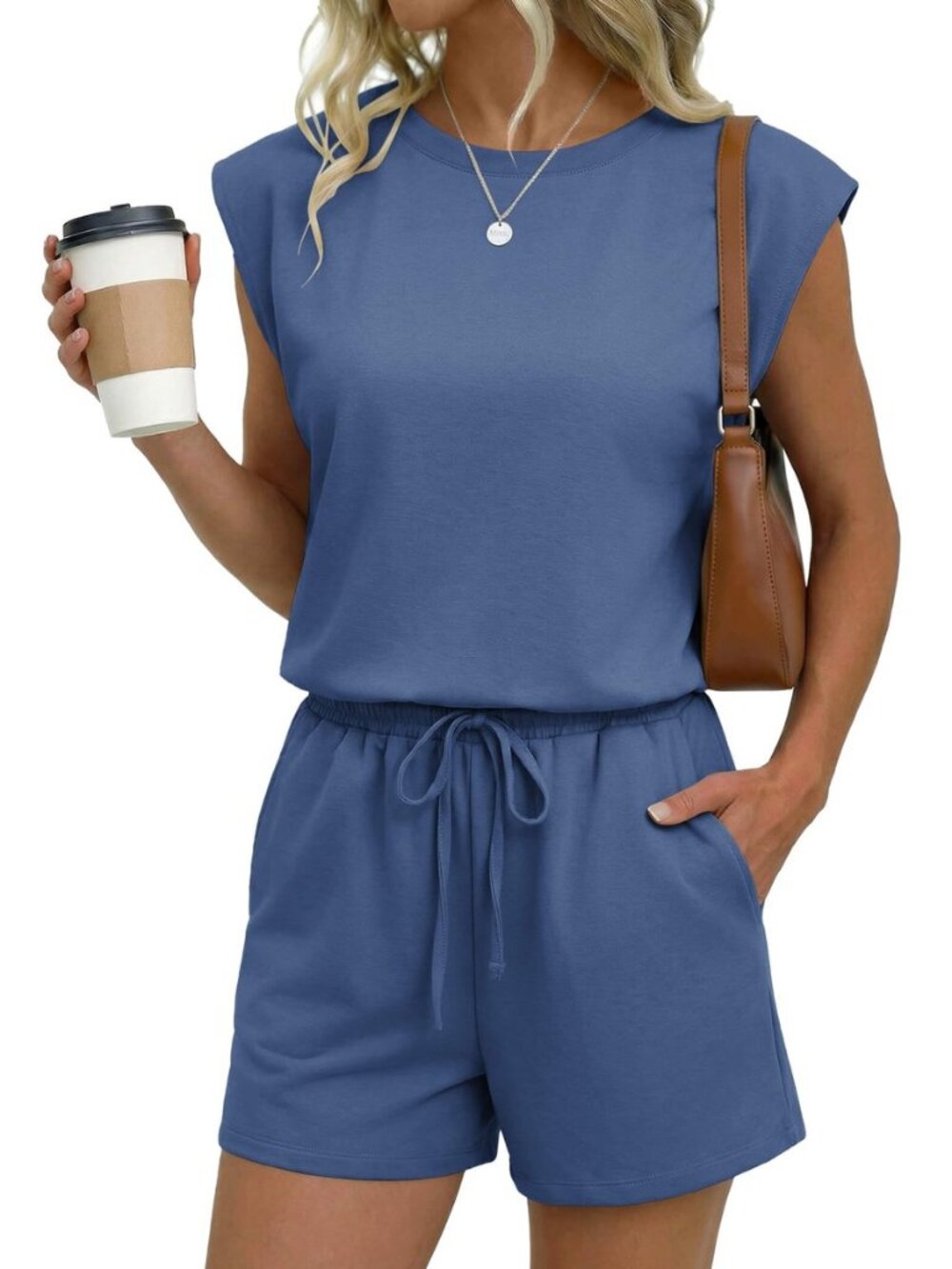 Women's Romper with Pockets Summer Short Jumpsuit Casual Cap Sleeve Drawstring